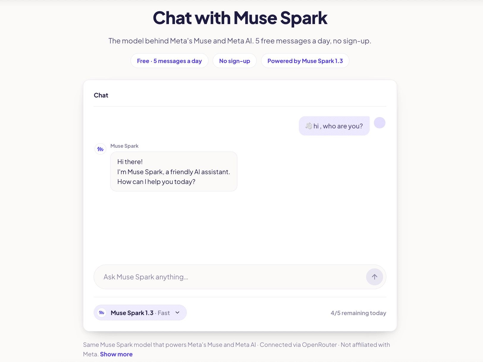 Muse Spark chat replying to "hi, who are you?" with a live response, showing 4 of 5 free messages remaining
